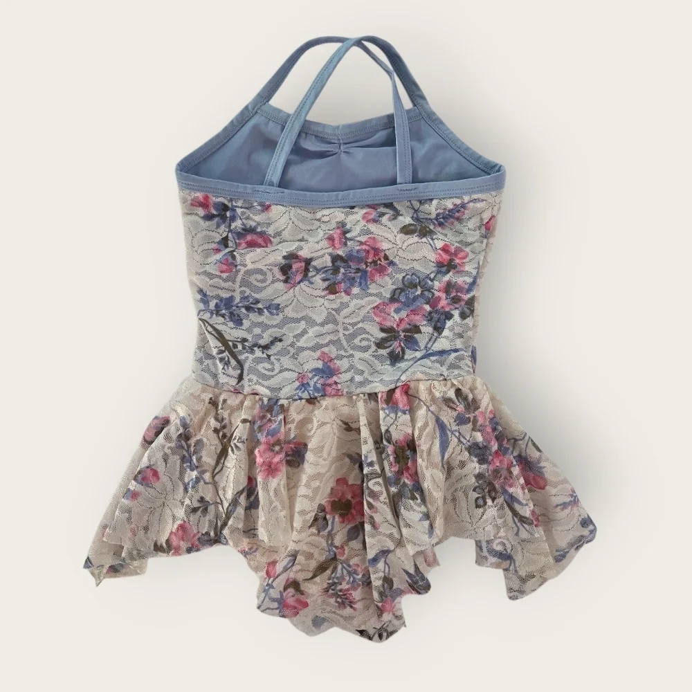 DANSCO Vintage Gym Foral Lace Leotard With Skirt. Size Small Fits 6 7.